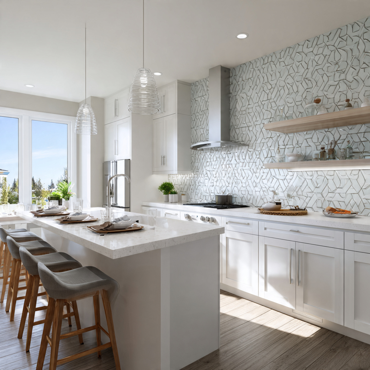 Effortlessly Chic: 34 Dreamy White Kitchen Ideas to Wow 33 high end modern kitchen featuring geometric backsplash patterns