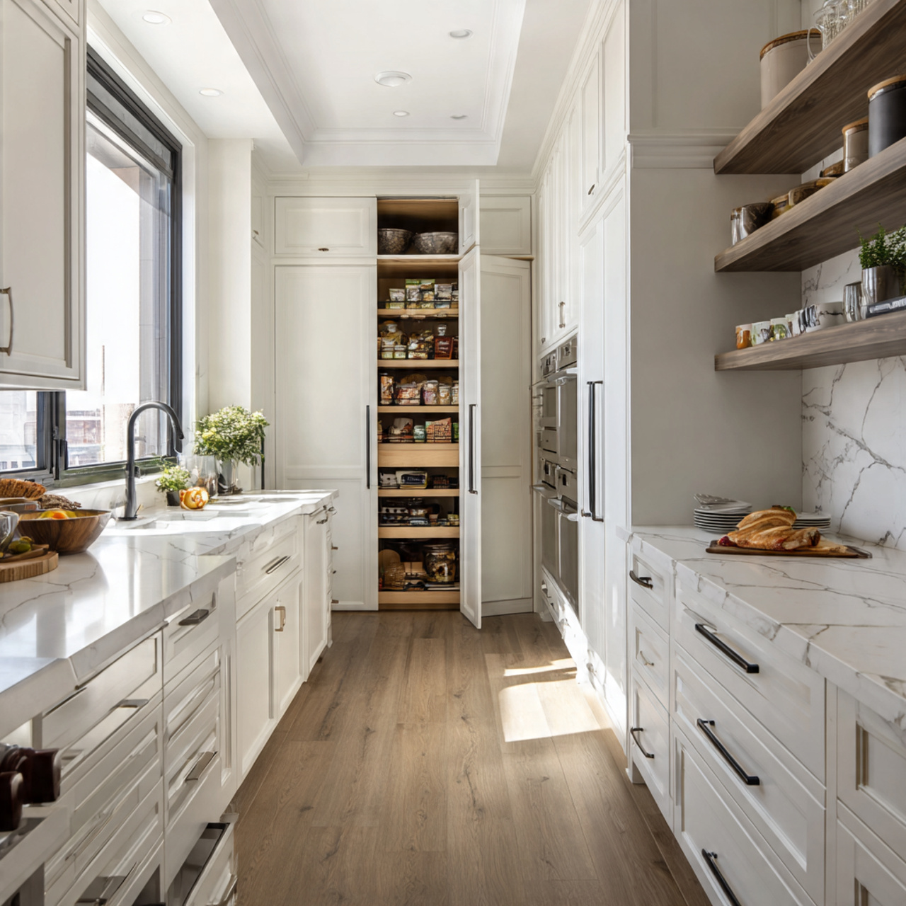 Effortlessly Chic: 34 Dreamy White Kitchen Ideas to Wow 22 high function modern kitchen interior showcasing deep pantry