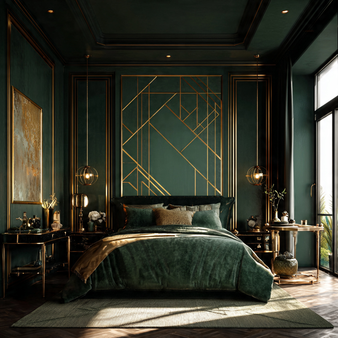 hyper realistic art deco inspired bedroom showcasing sophisticated dark