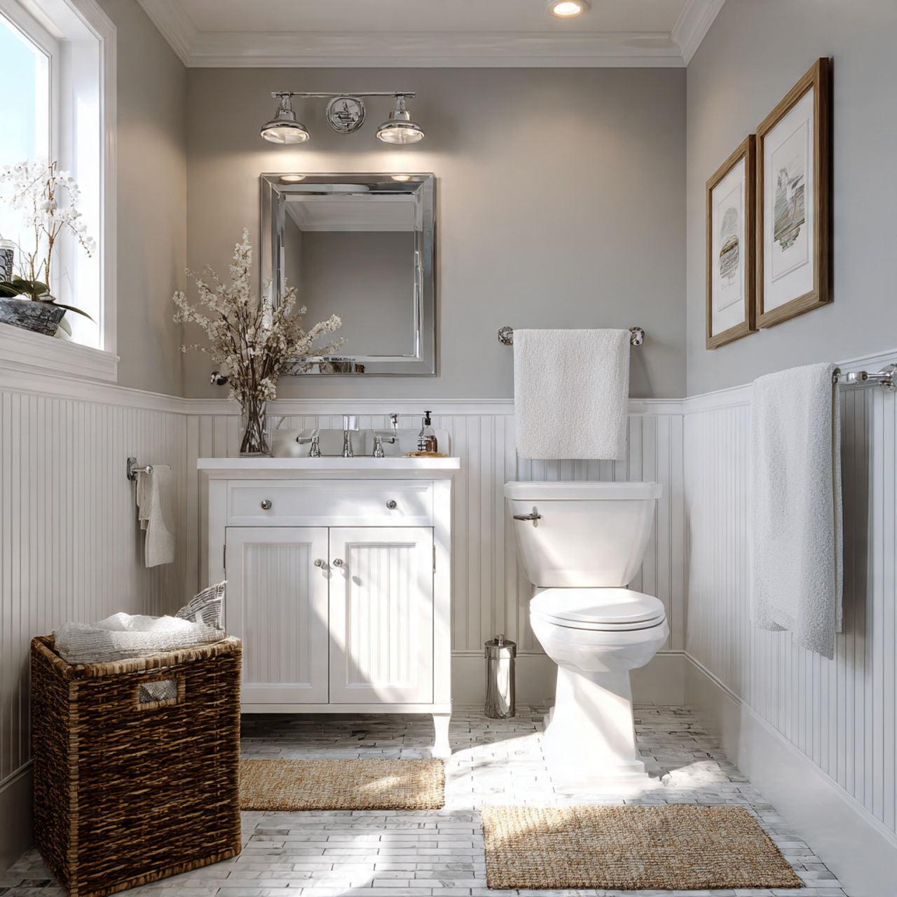 hyper realistic bathroom with short wainscoting 30 36 inches