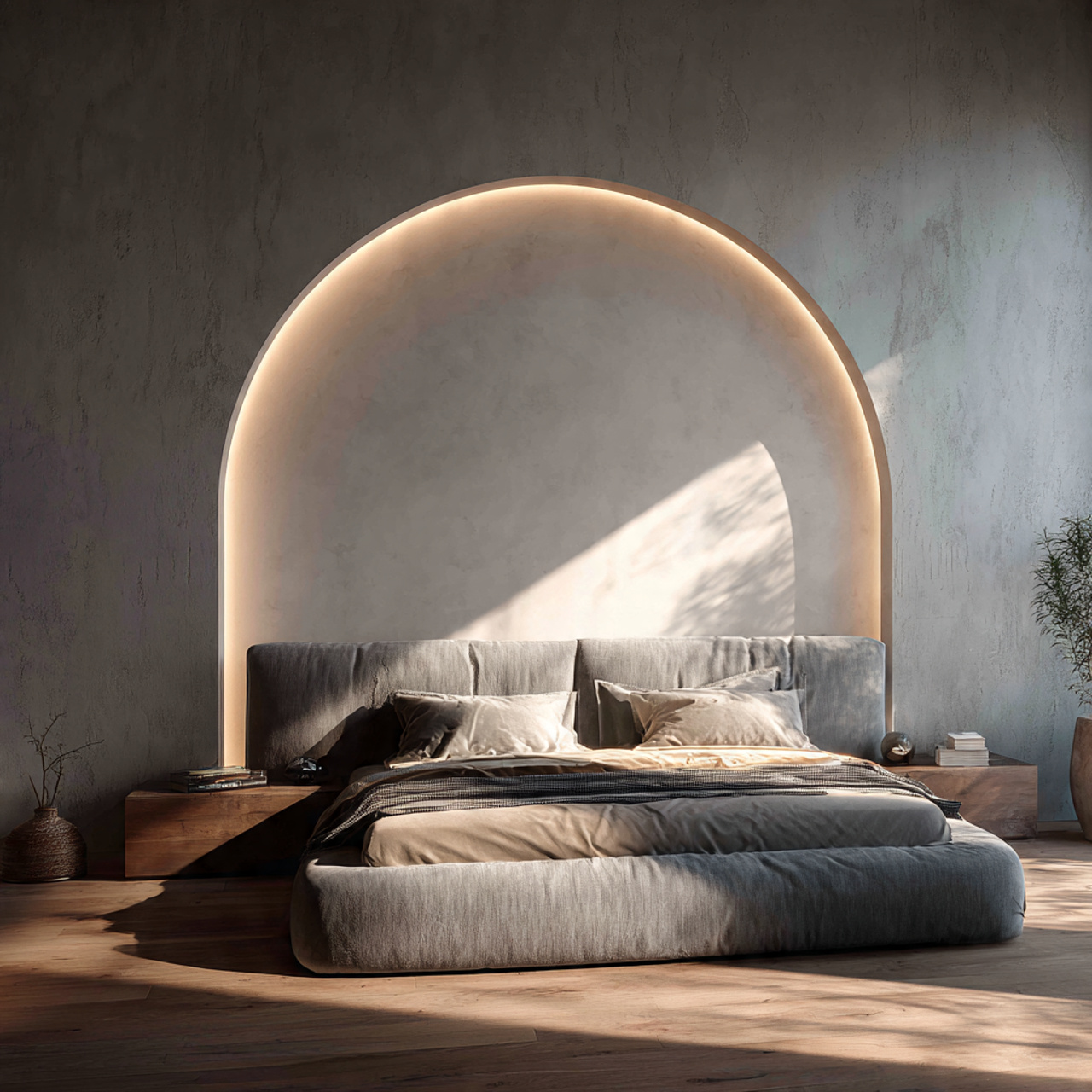 hyper realistic bedroom featuring a floating king headboard