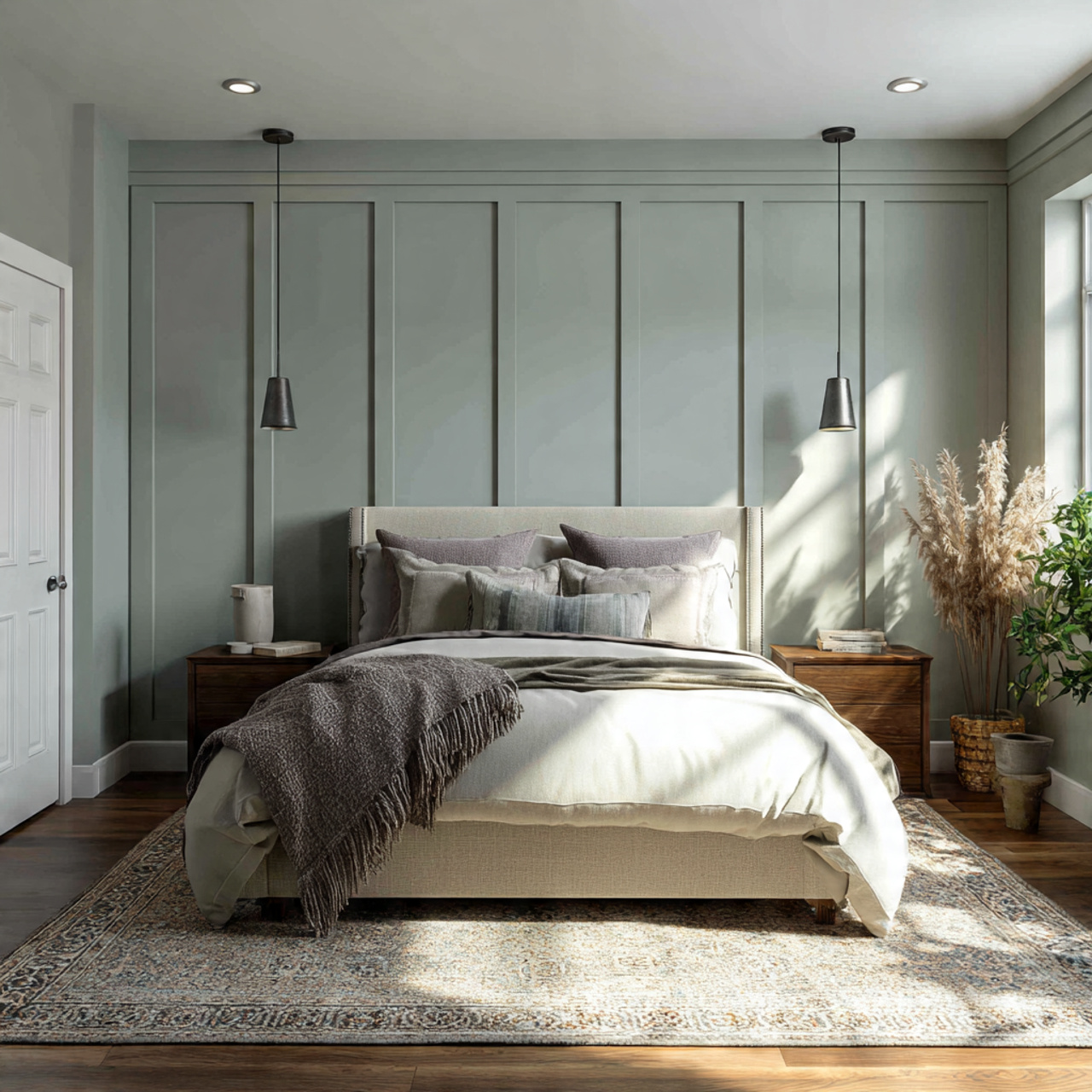 hyper realistic bedroom showcasing a wainscoted accent wall