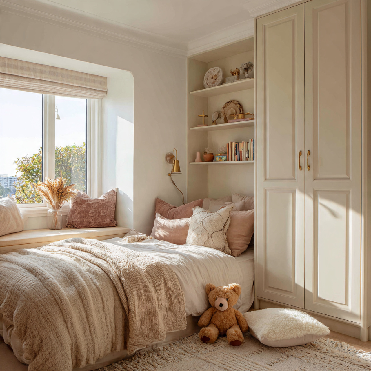 hyper realistic bright and warm family friendly bedroom with