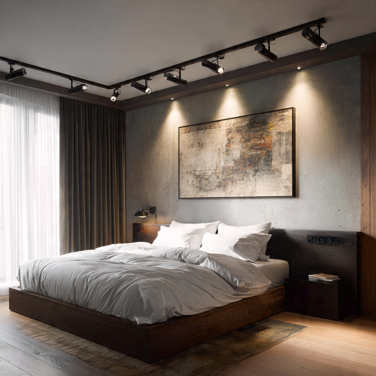 hyper realistic contemporary bedroom with adjustable directional spotlights