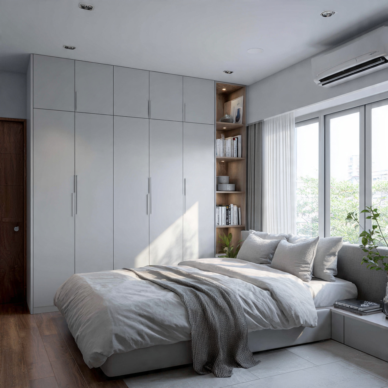 hyper realistic contemporary clean aesthetic bedroom showcasing a built in