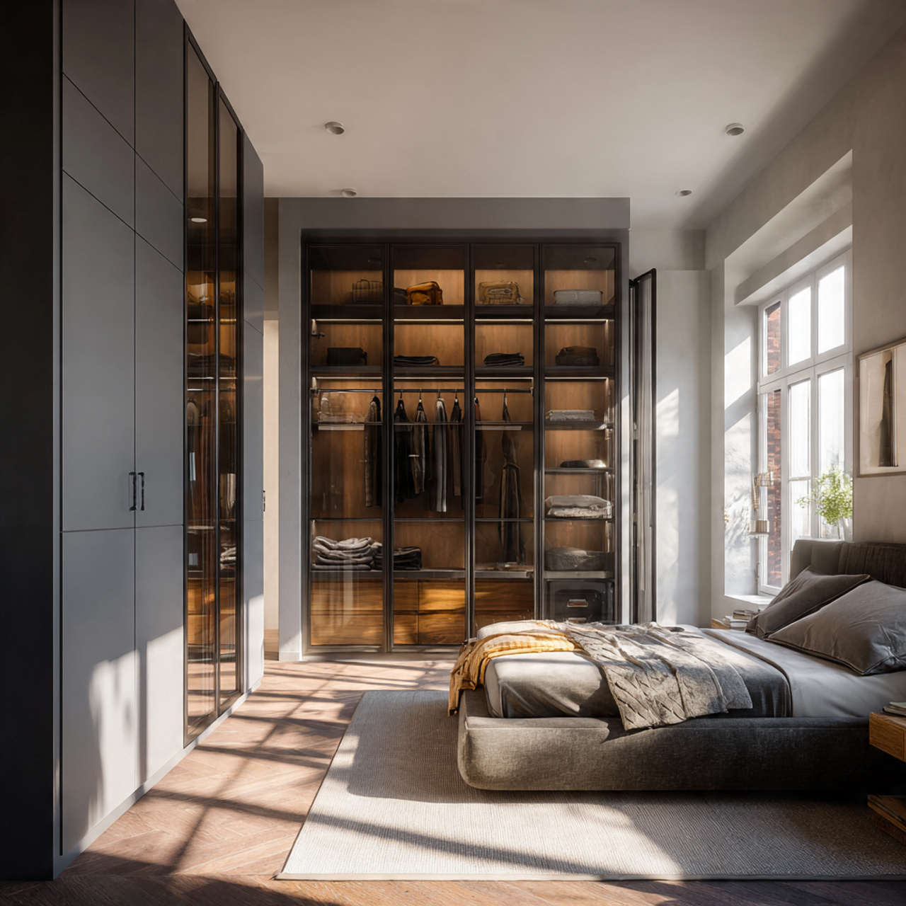 hyper realistic contemporary high end bedroom showcasing a perfectly