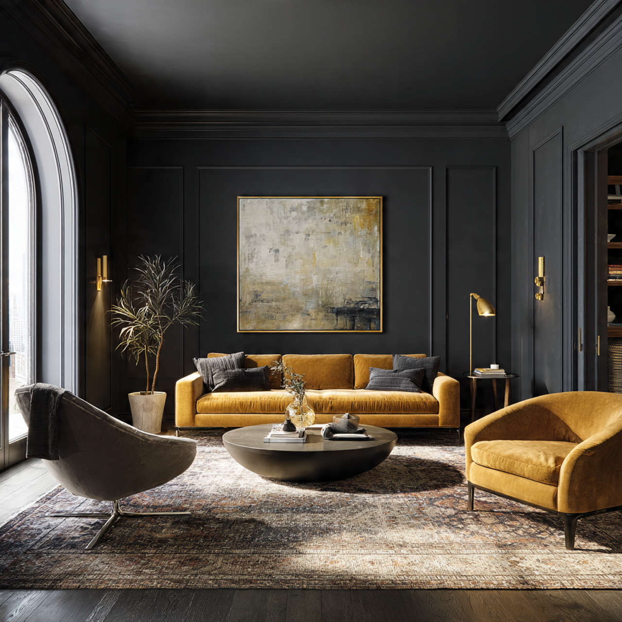 hyper realistic dramatic living room painted in a