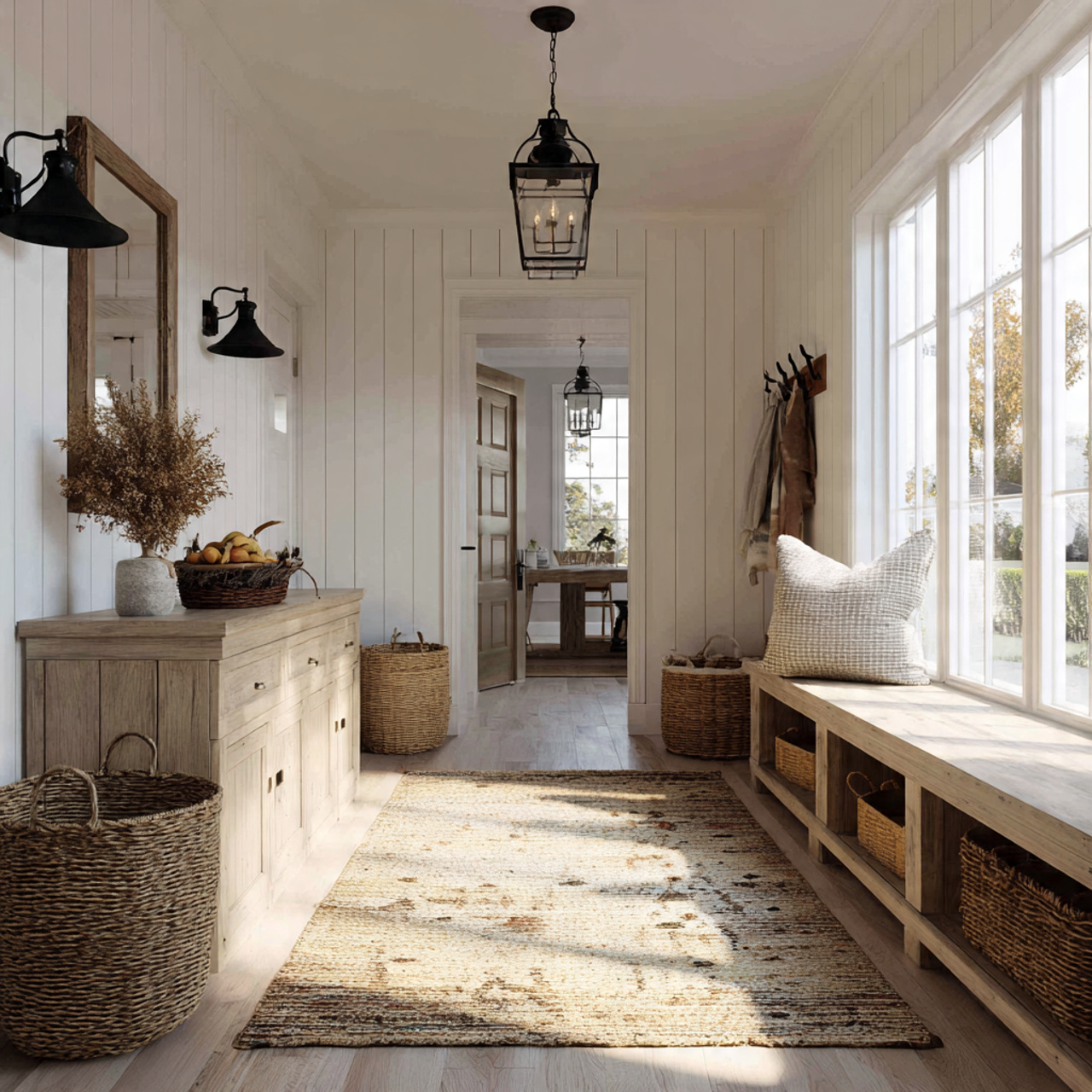 hyper realistic farmhouse interior featuring white or off white