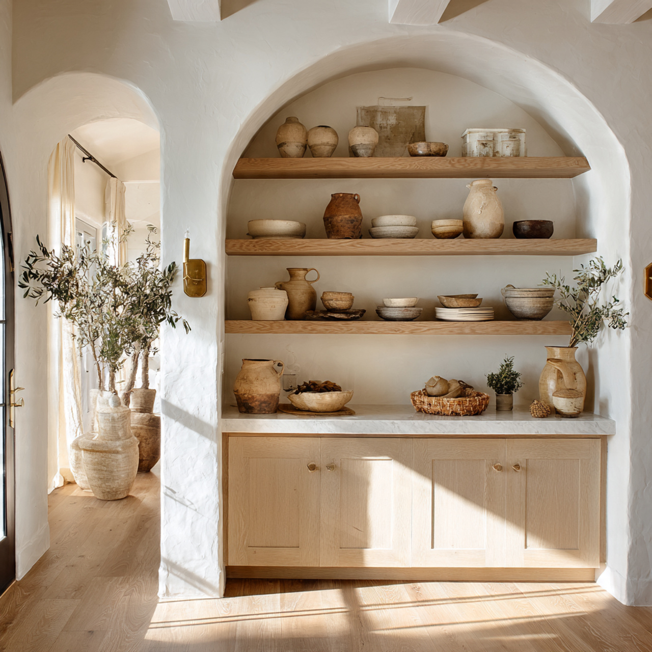 hyper realistic farmhouse kitchen featuring open shelves styled