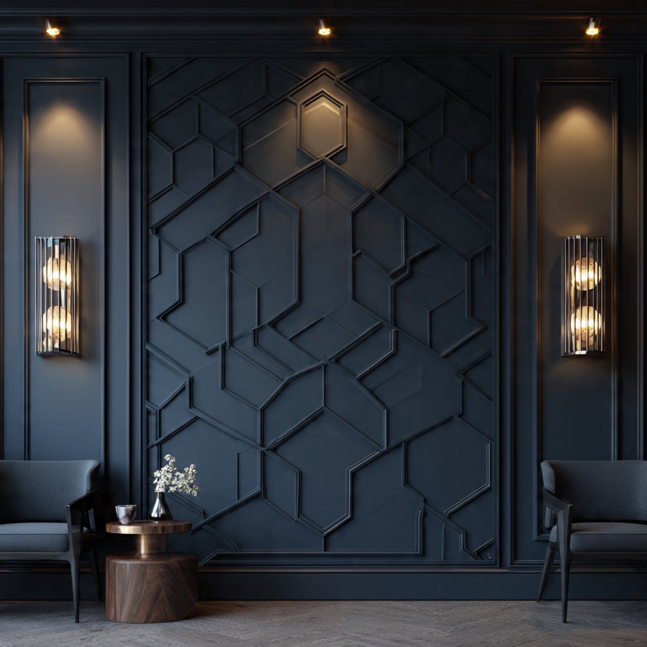 hyper realistic feature wall showcasing advanced geometric wainscoting diamonds