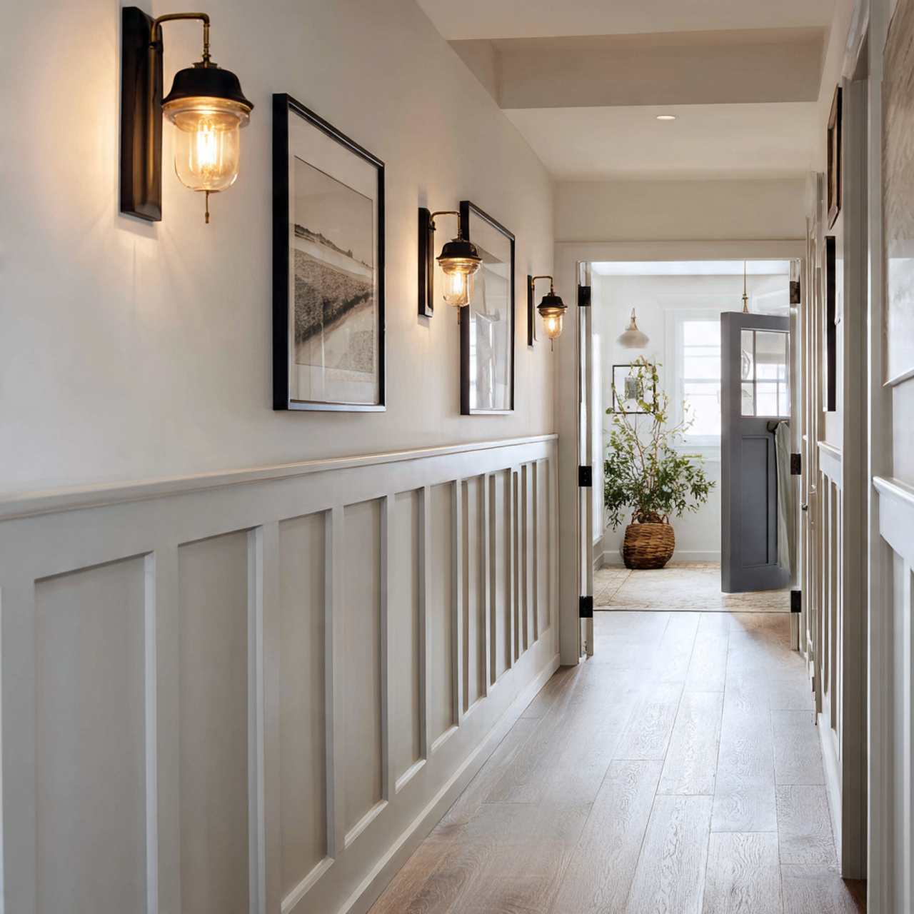 hyper realistic hallway featuring half wall wainscoting at one third