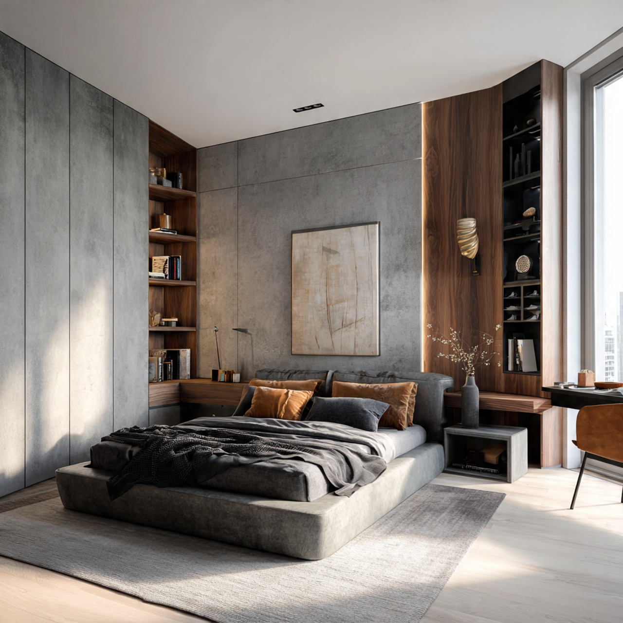 hyper realistic high end contemporary bedroom featuring a dramatic