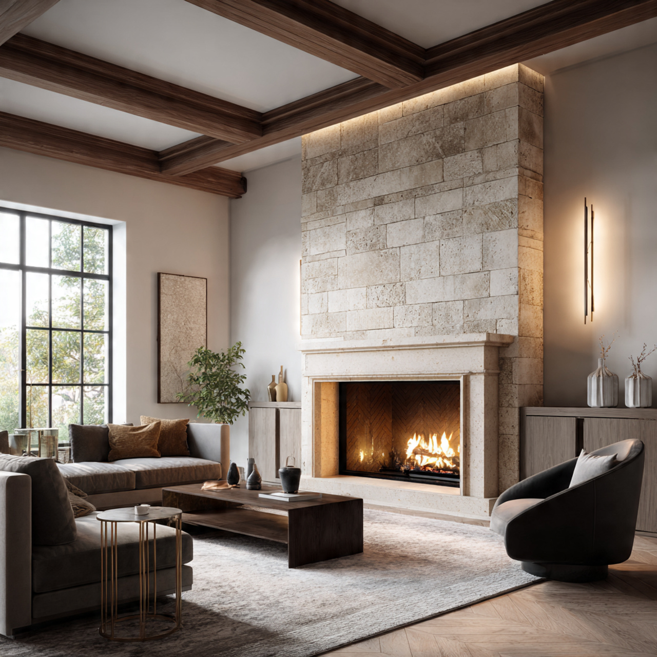 hyper realistic living room showing fireplace and mantelpiece