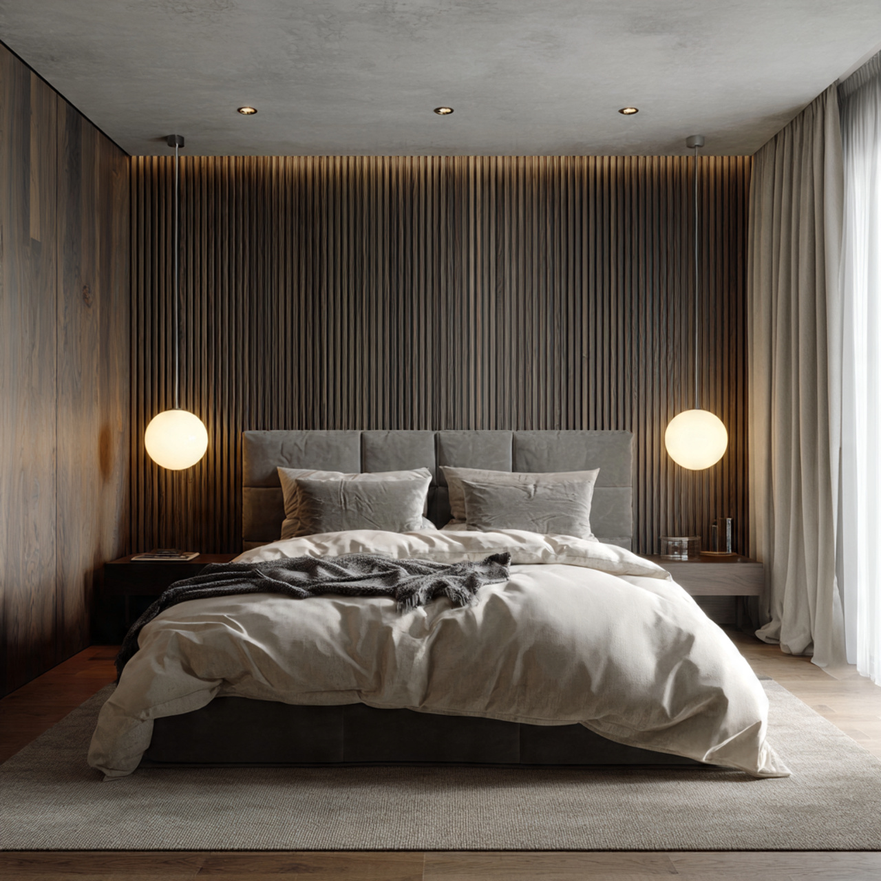 hyper realistic minimalist bedroom with two elegant pendant