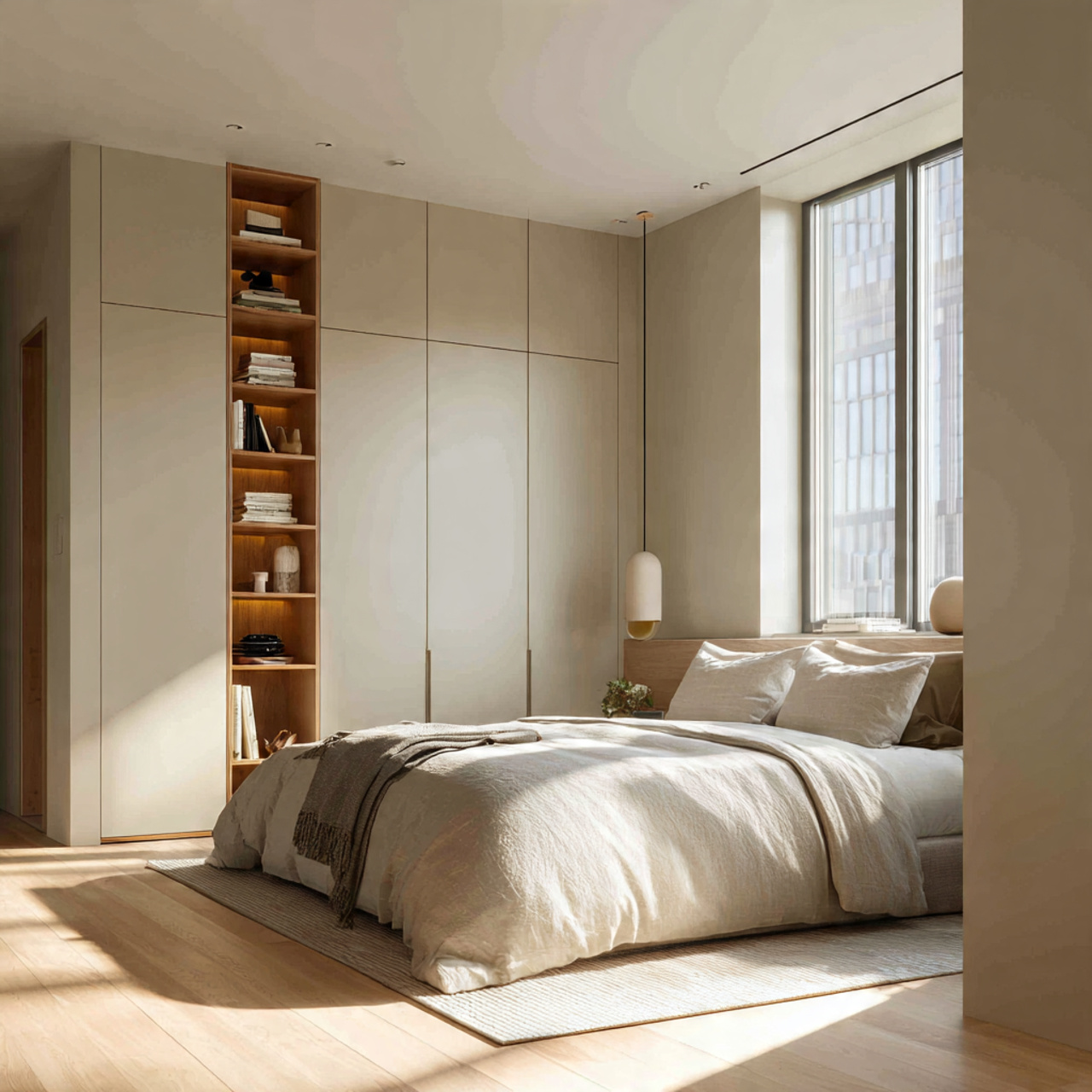 hyper realistic minimalist japanese inspired bedroom with a seamless
