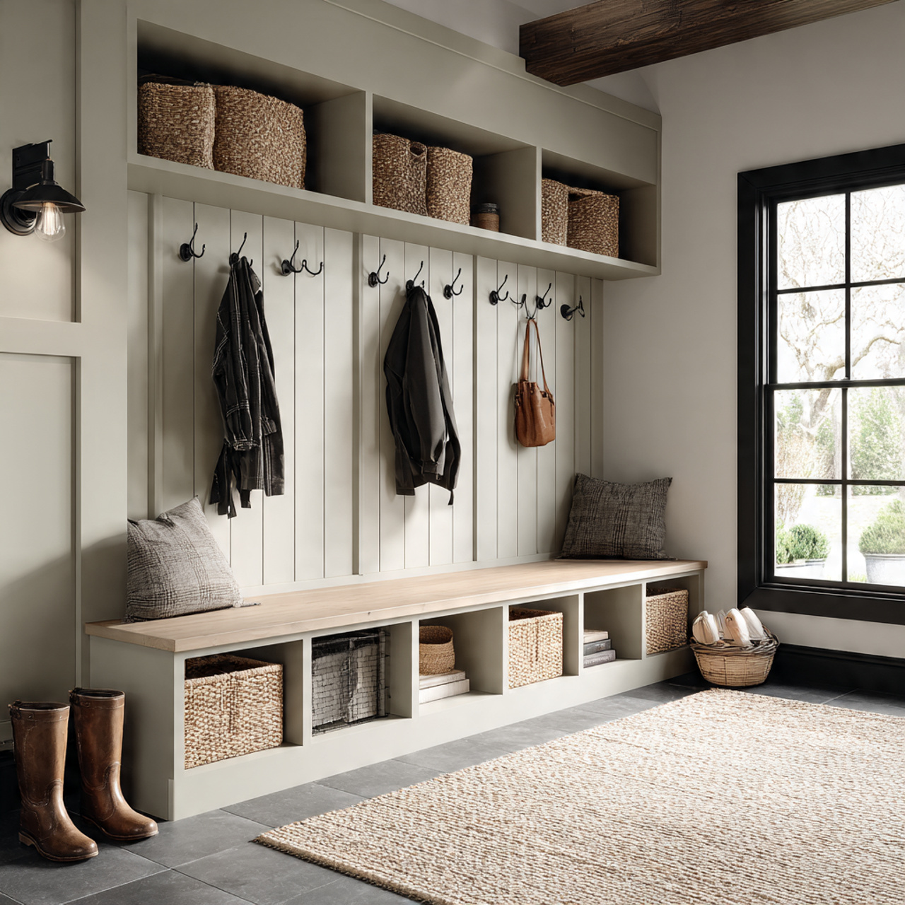 hyper realistic mudroom interior featuring tall board and batten wainscoting
