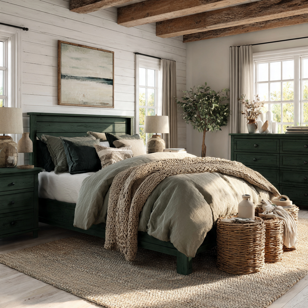 hyper realistic rustic farmhouse bedroom featuring dark green 1