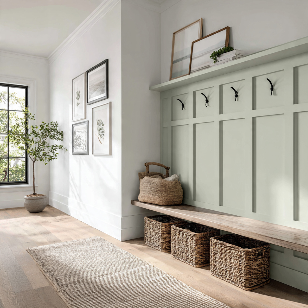 hyper realistic transitional hallway interior featuring clean board and batten