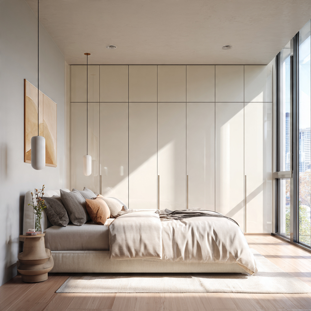 hyper realistic ultra modern minimalist bedroom featuring a flawless