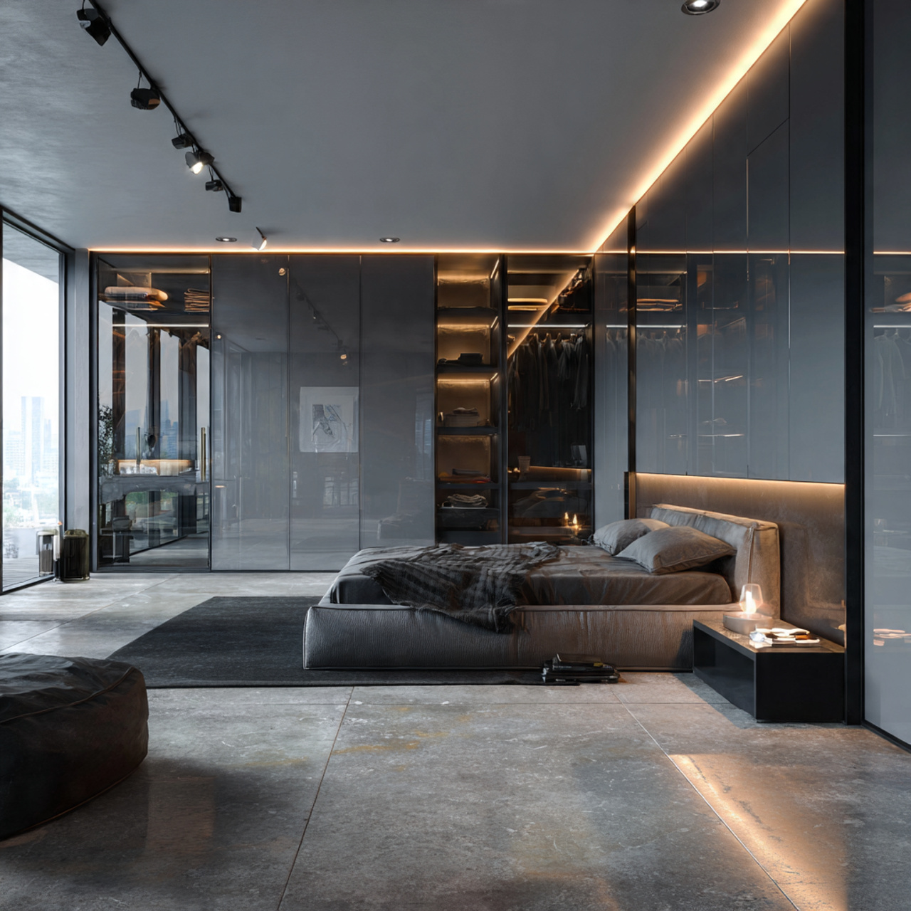 hyper realistic ultra modern tech inspired bedroom where a sleek