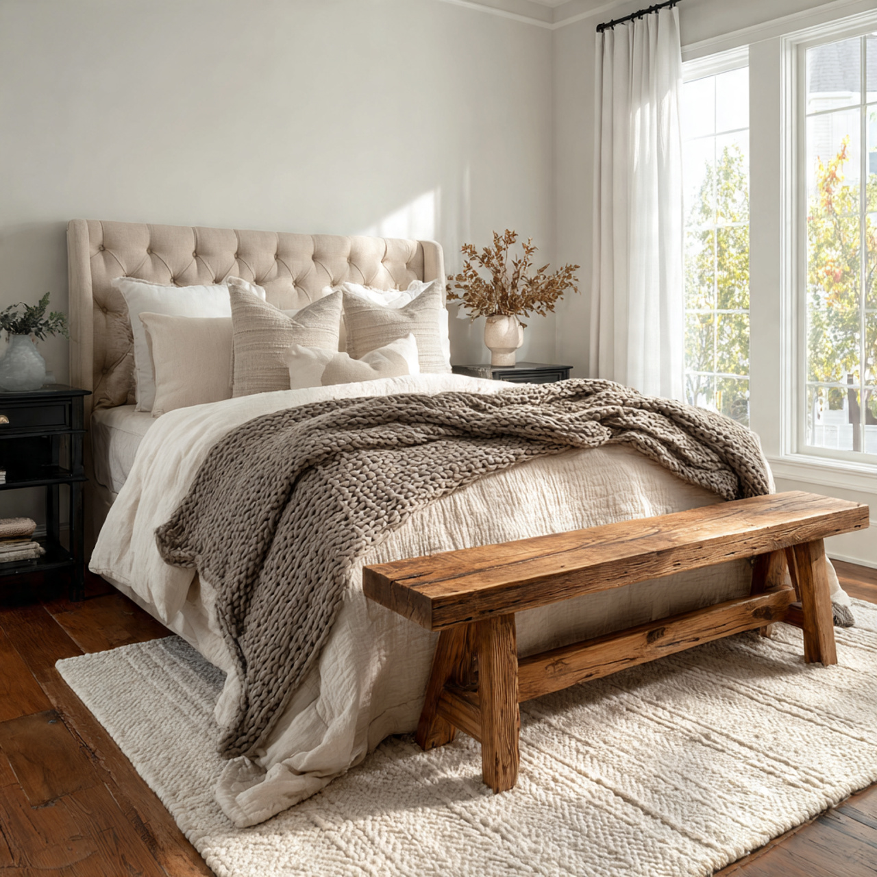 hyper realistic wide angle bedroom shot featuring a sturdy