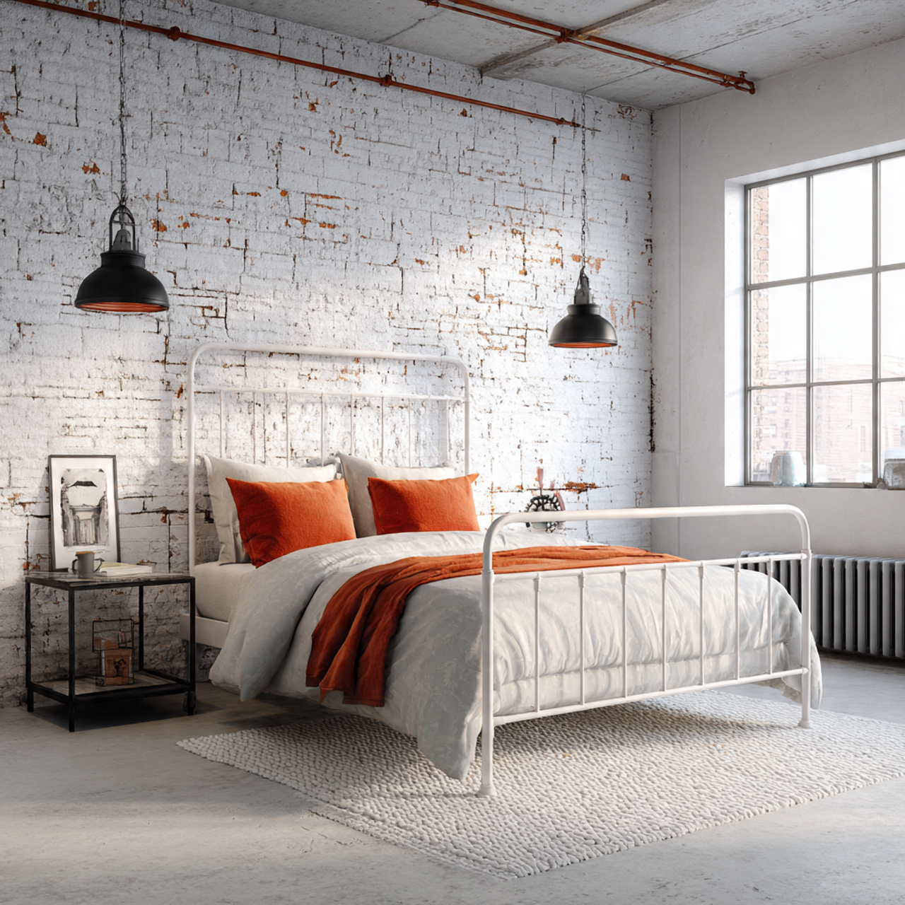 industrial white bedroom with a white metal