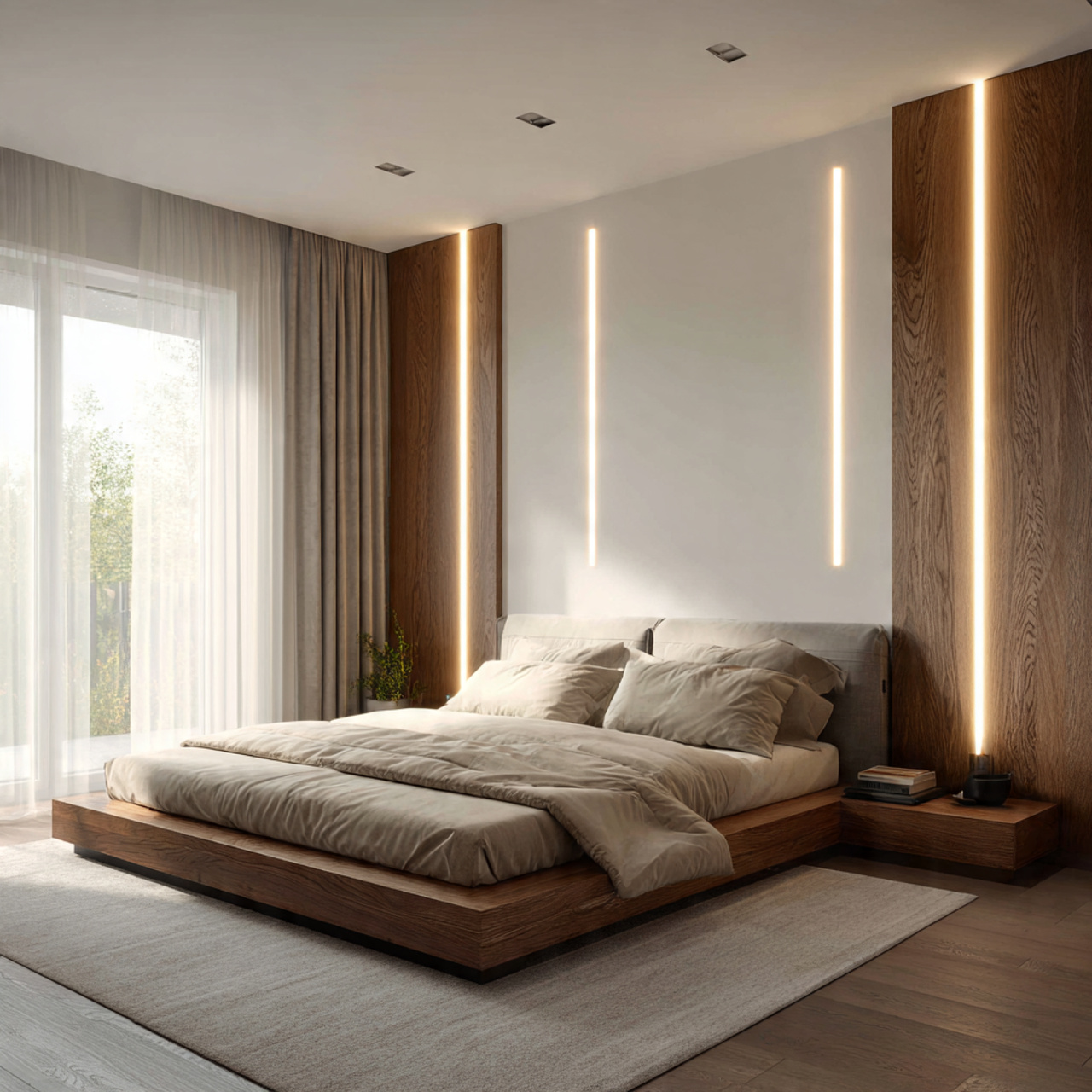 modern serene bedroom with tall vertical led