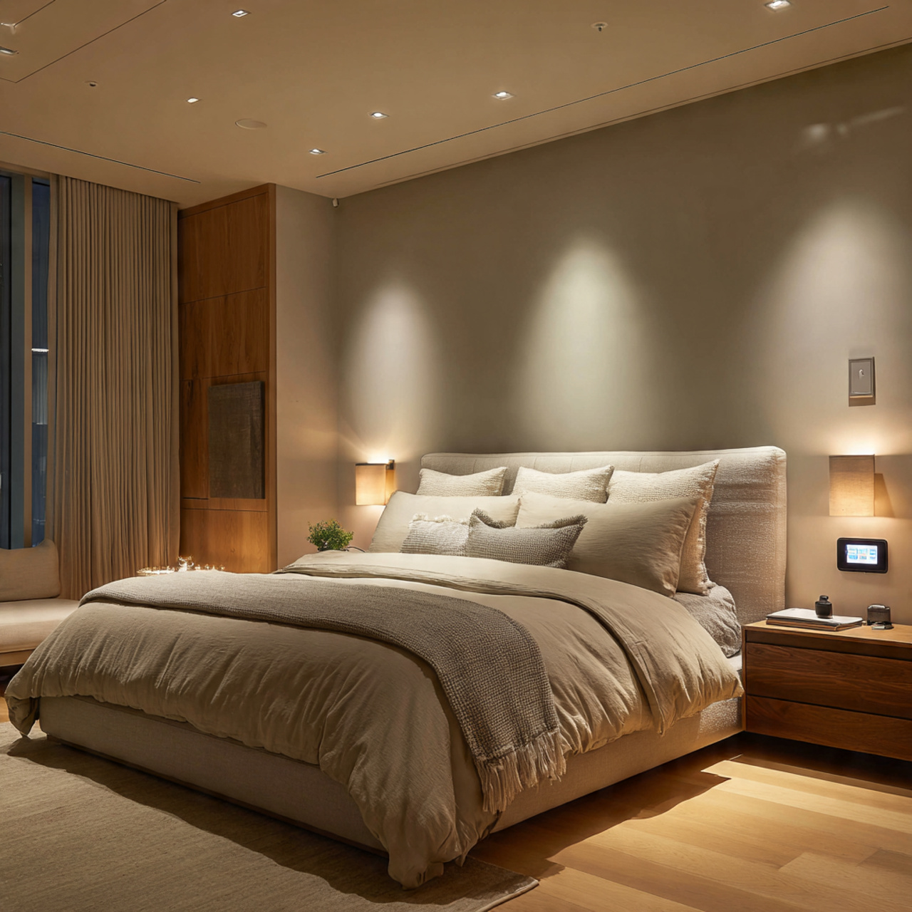 modern smart bedroom with multiple light sources controlled
