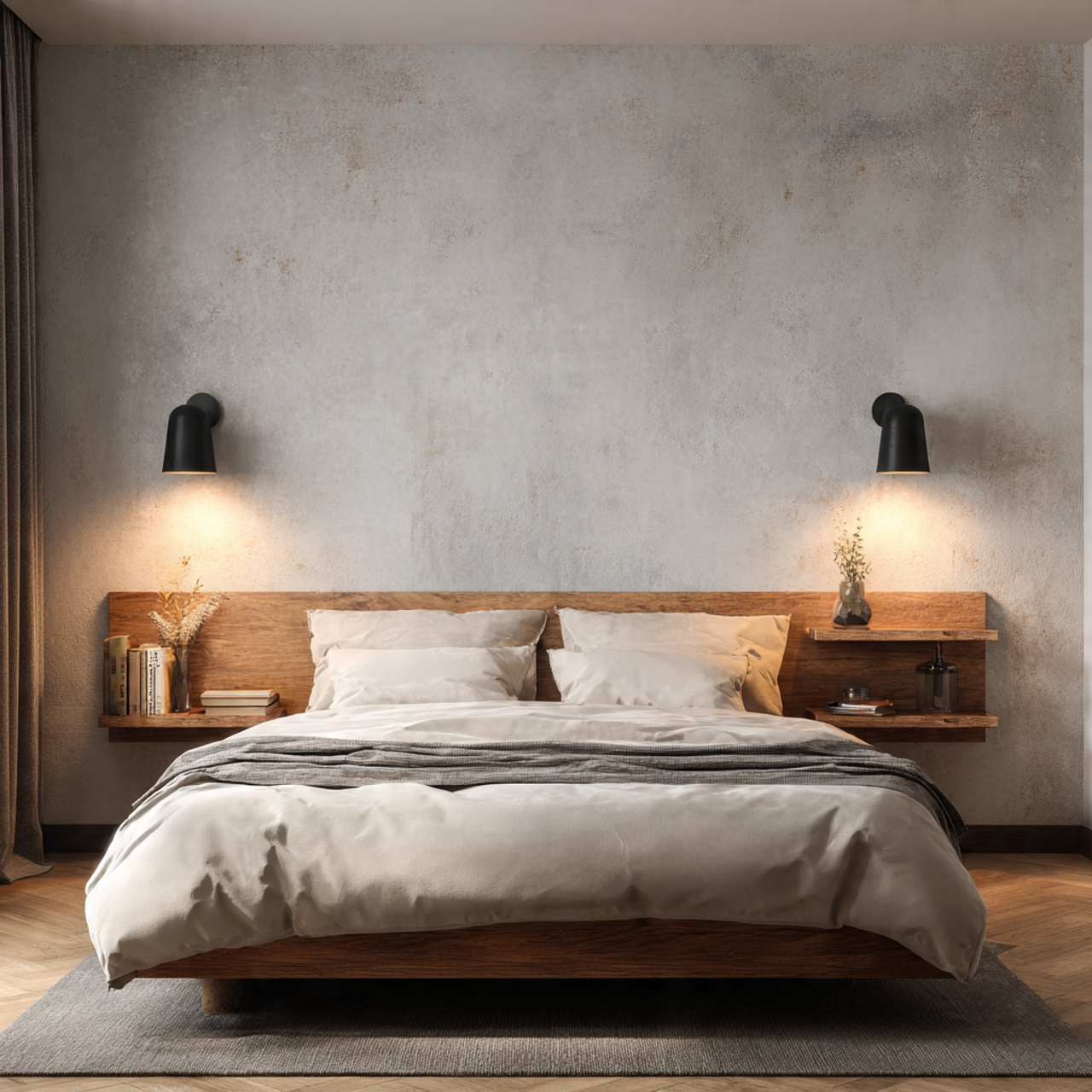 photorealistic bedroom featuring sleek matte black wall sconces