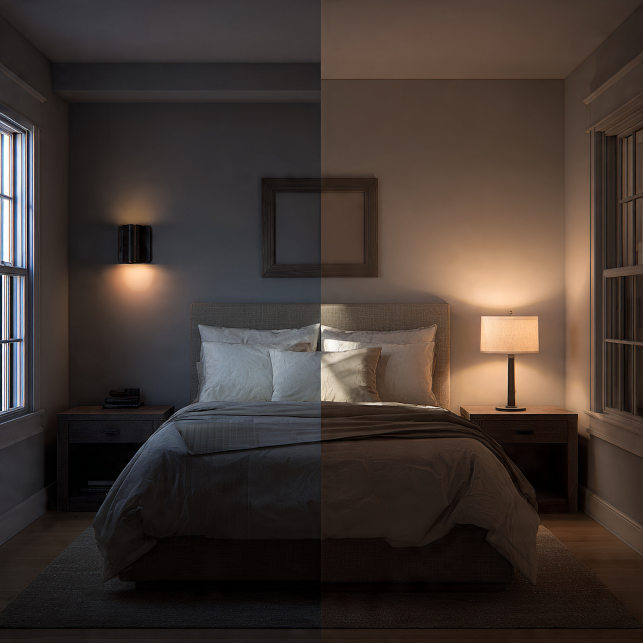 photorealistic bedroom interior camera centered on the