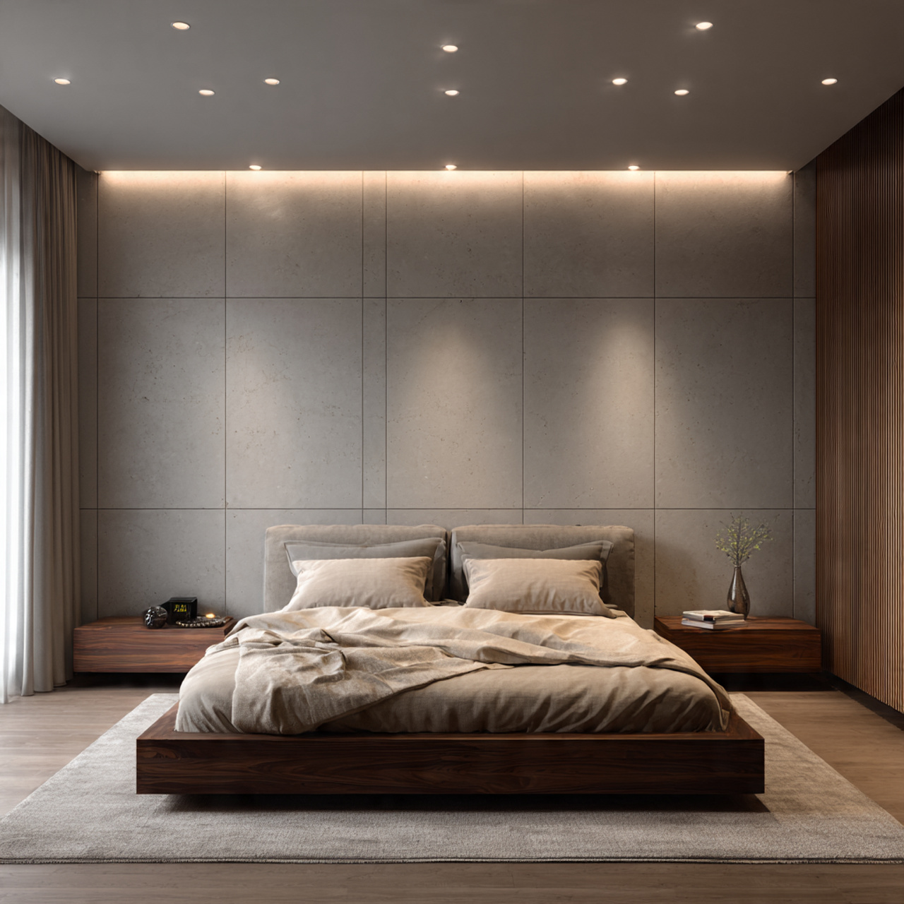 photorealistic master bedroom featuring perfectly placed recessed