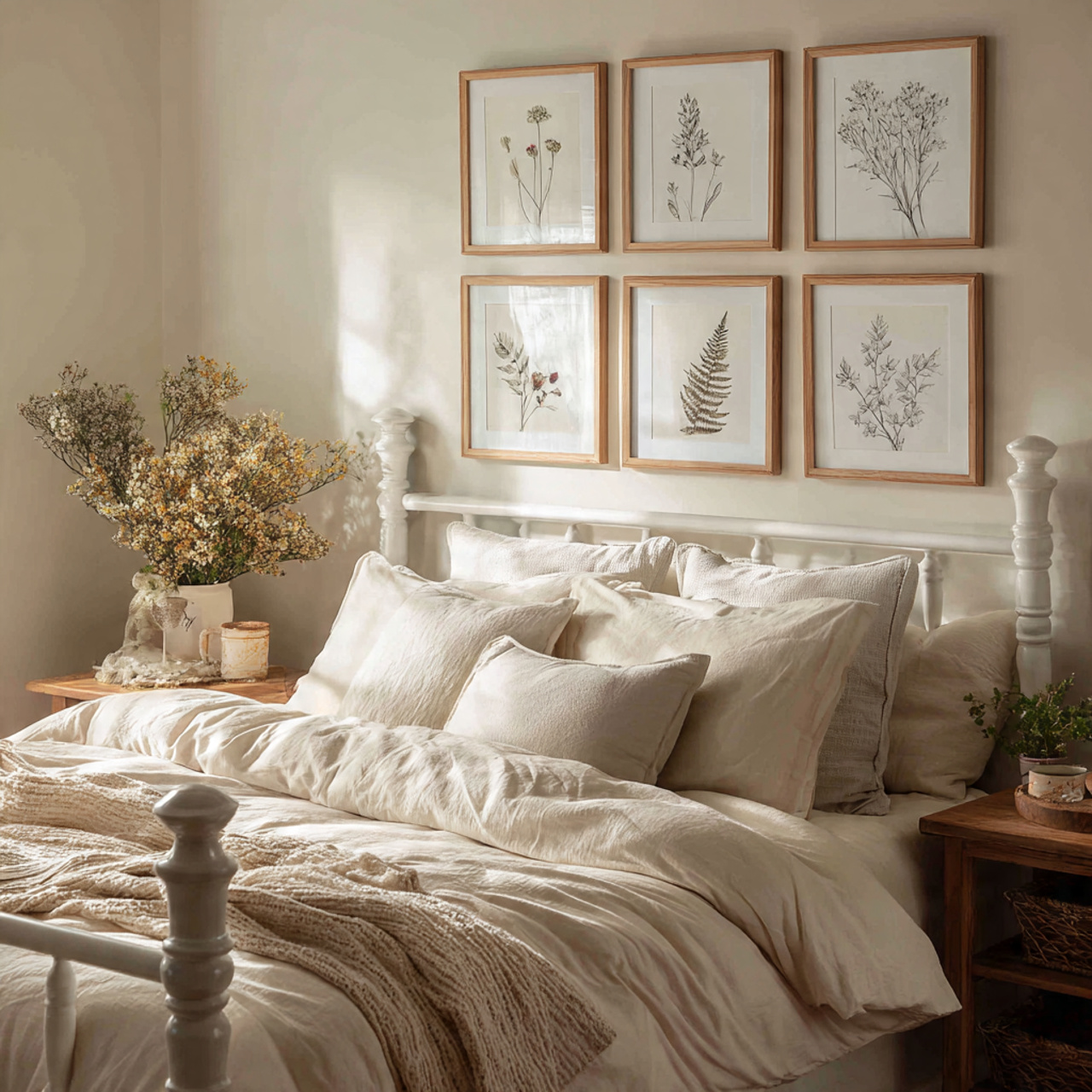 realistic cozy bedroom corner featuring subtle framed