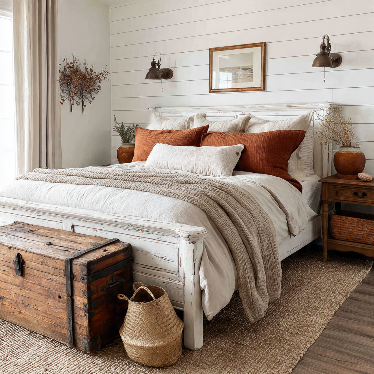 rustic white farmhouse bedroom with a distressed