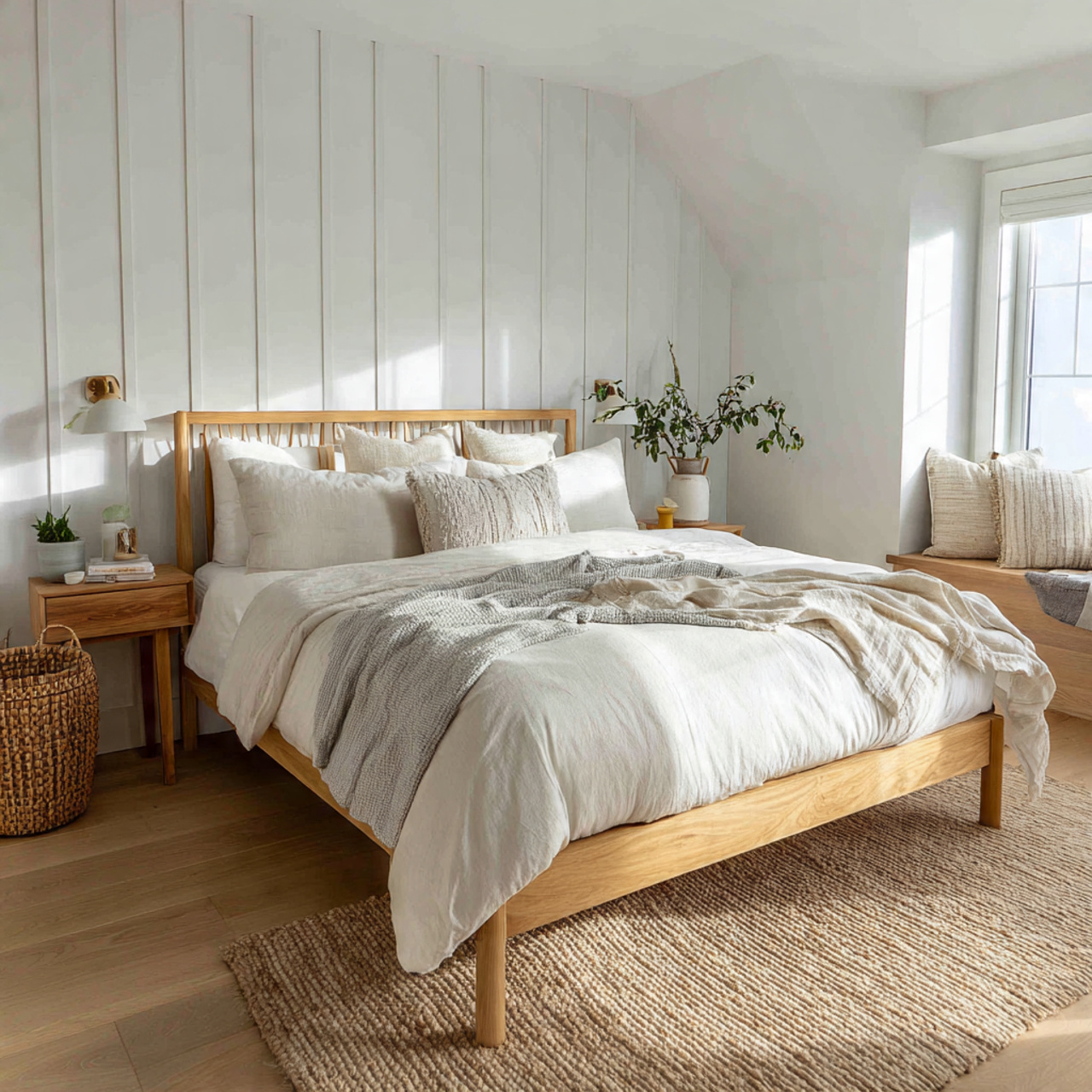 serene white bedroom with a light oak