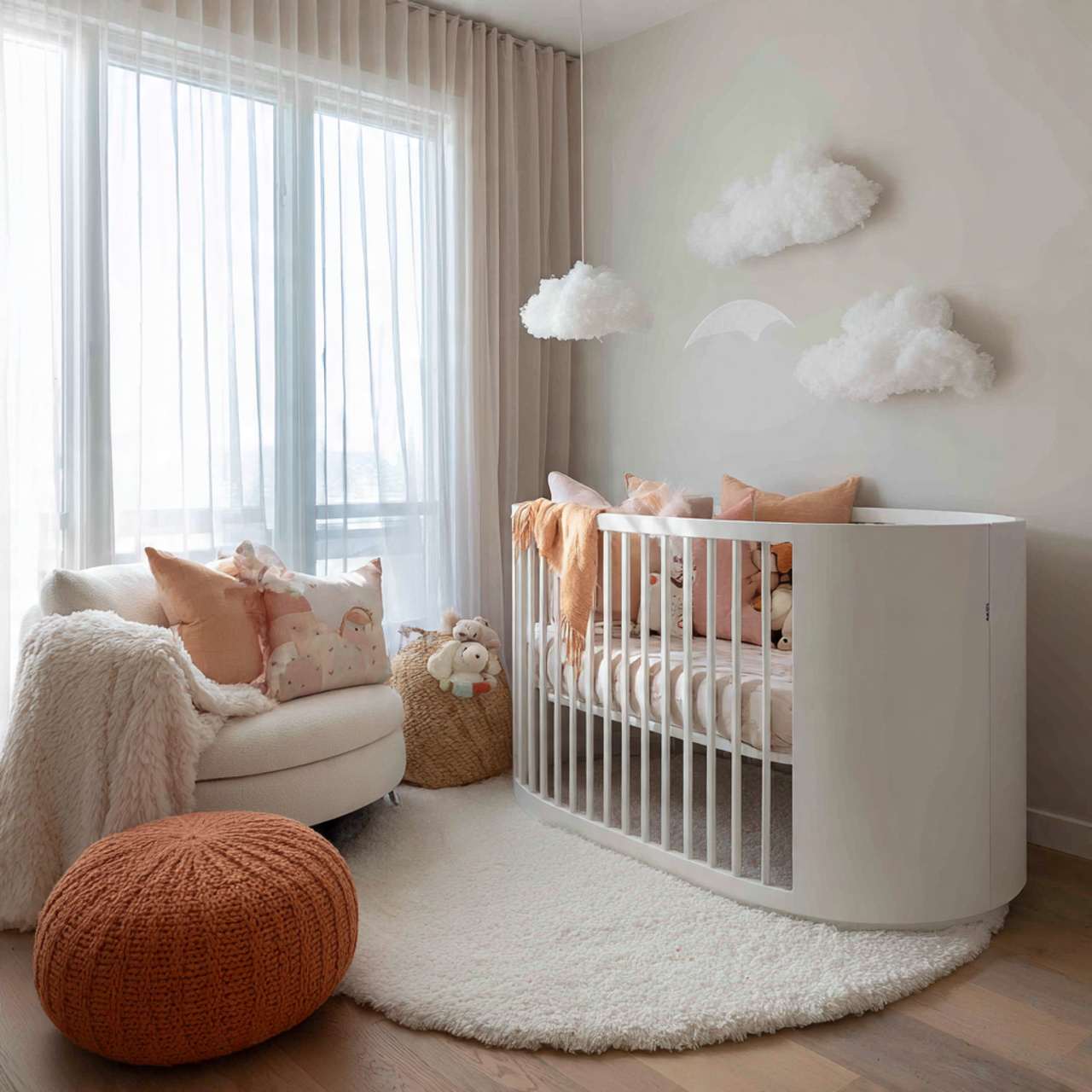 soft white nursery with a modern oval