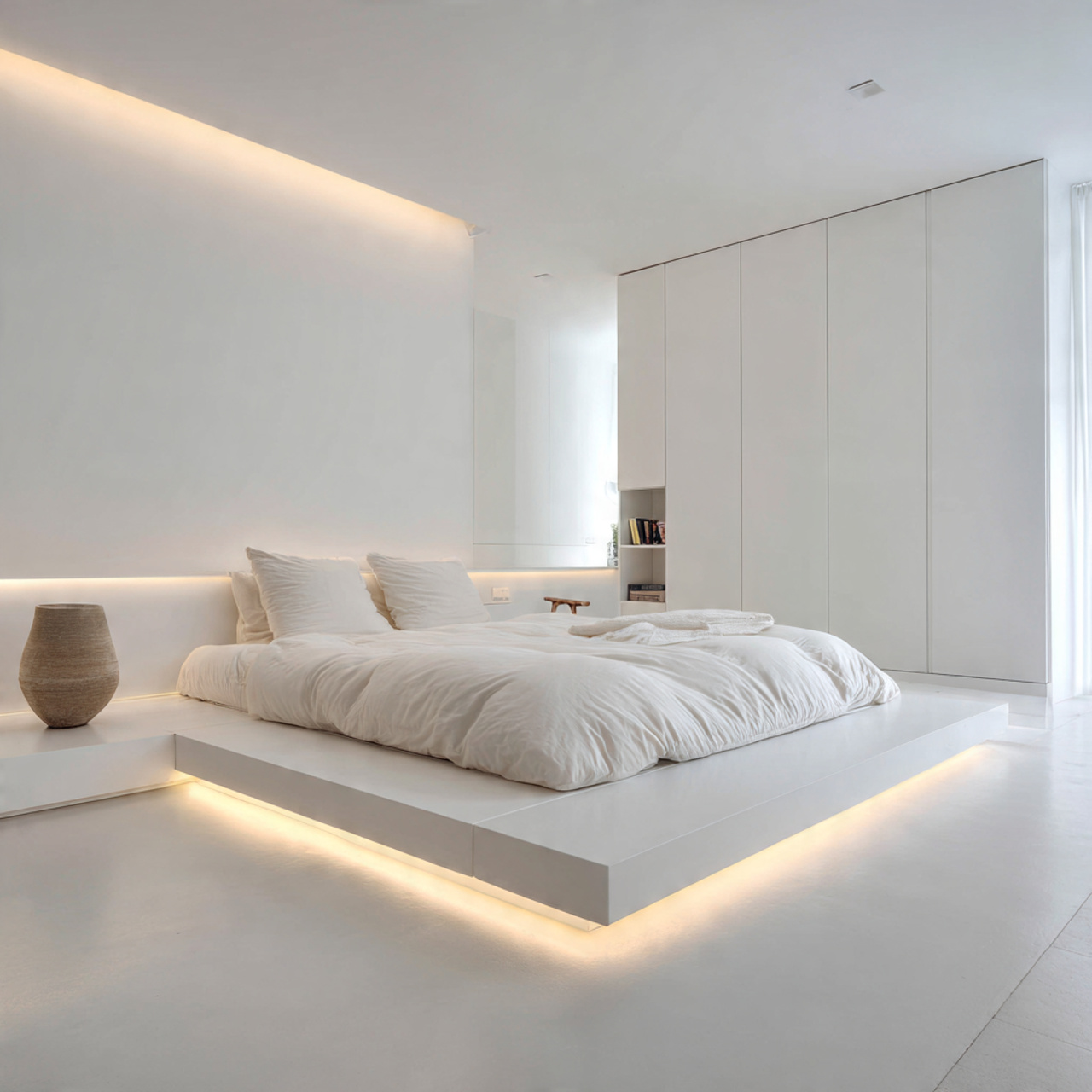 ultra minimalist white bedroom with a low profile japanese inspired