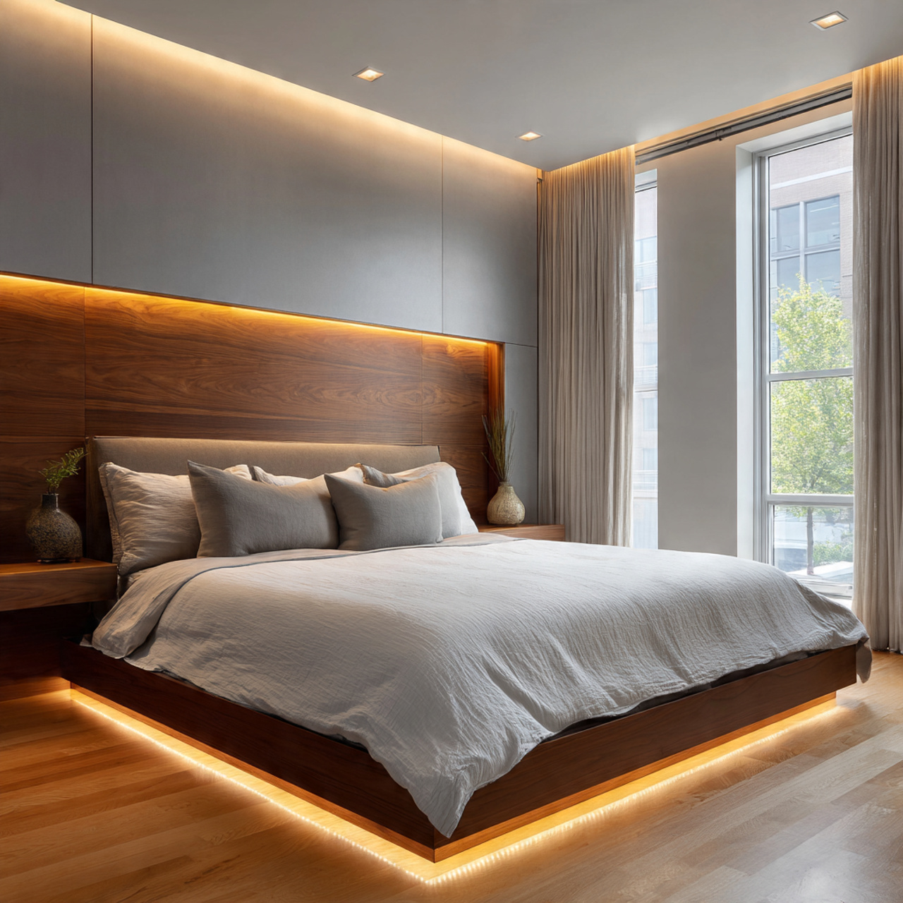 ultra modern bedroom with smart lighting automation recessed