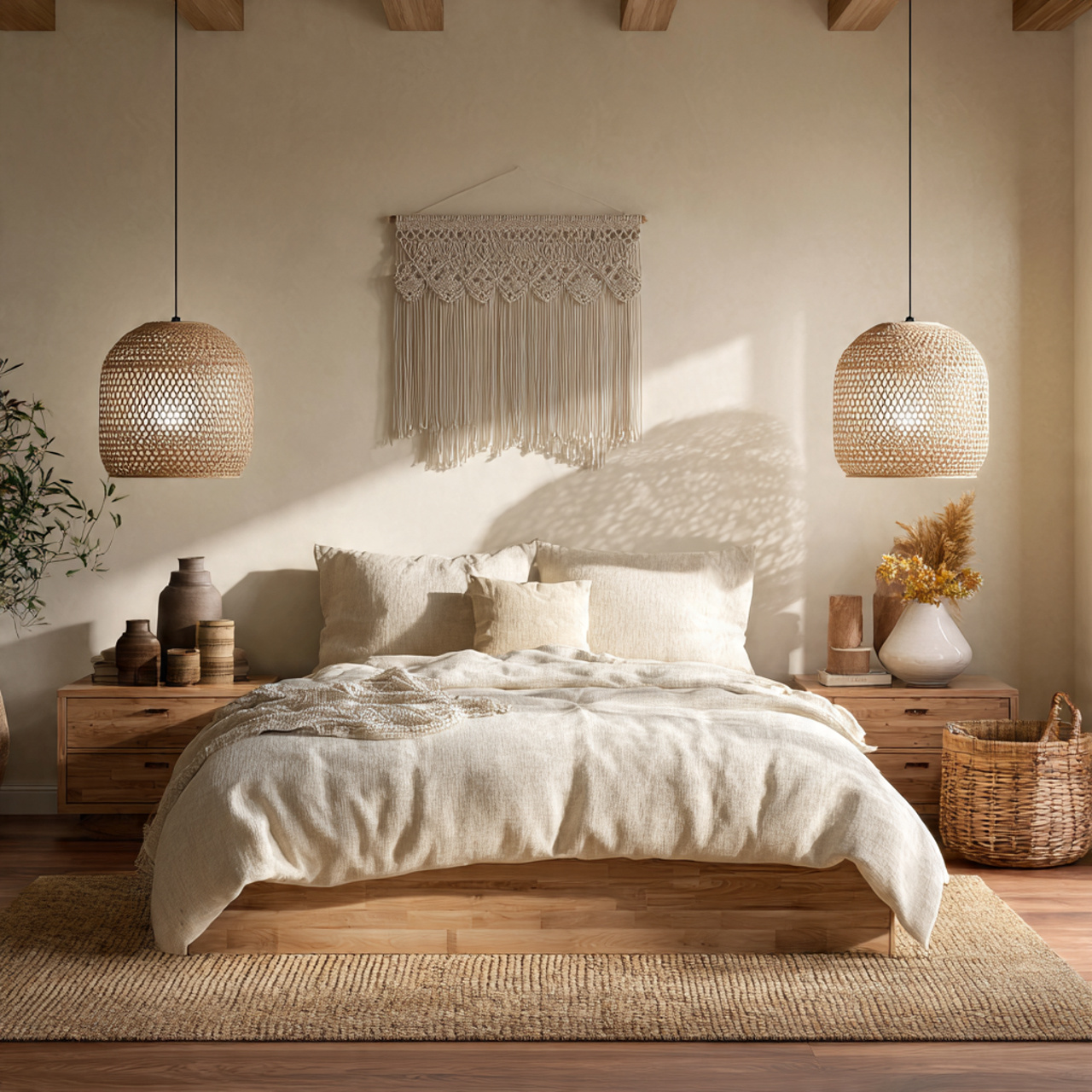 ultra photorealistic bohemian bedroom featuring two perfectly proportioned 1