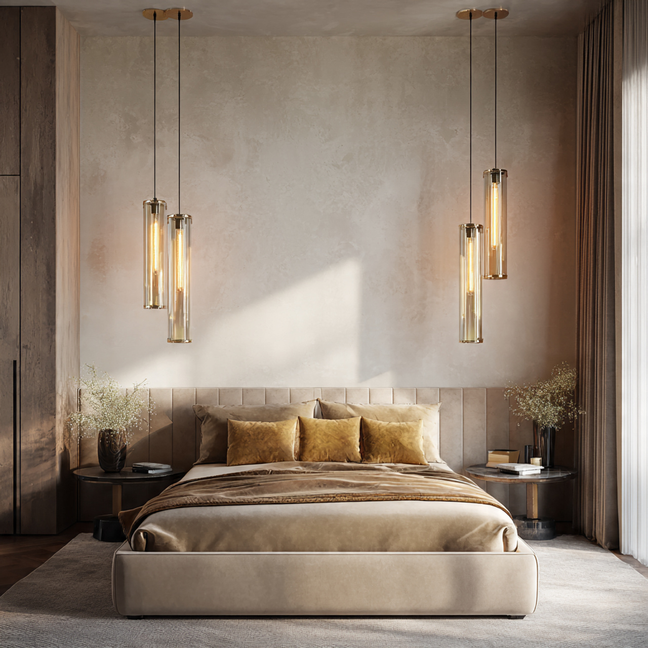 ultra photorealistic luxury bedroom featuring elegant edison style bulbs 1