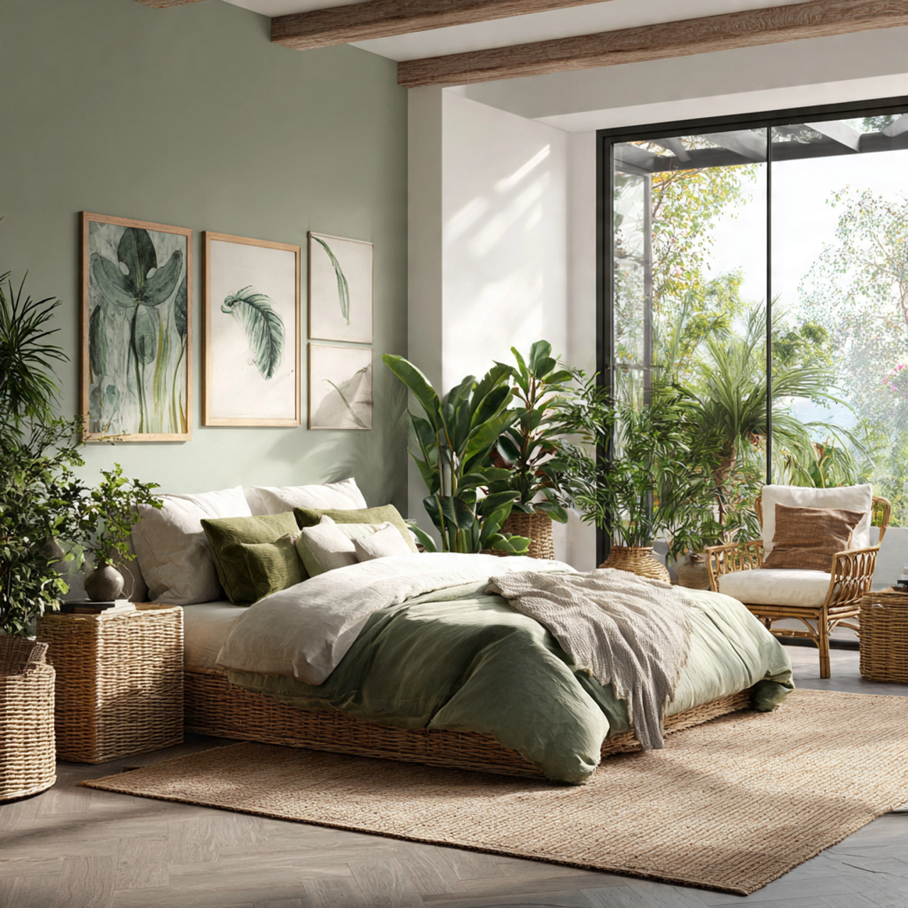 ultra realistic biophilic bedroom interior showcasing nature inspired green