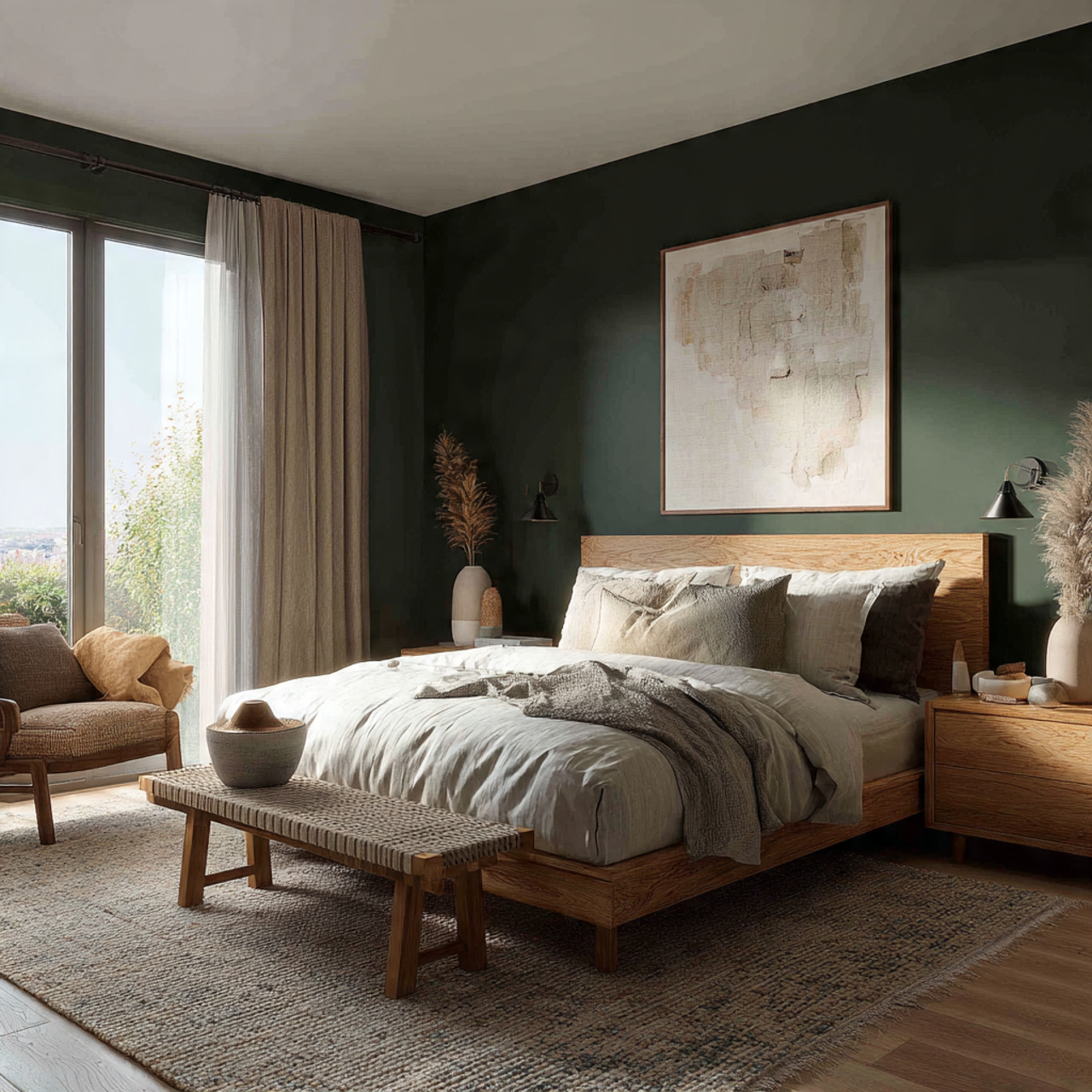 ultra realistic organic modern bedroom designed around the
