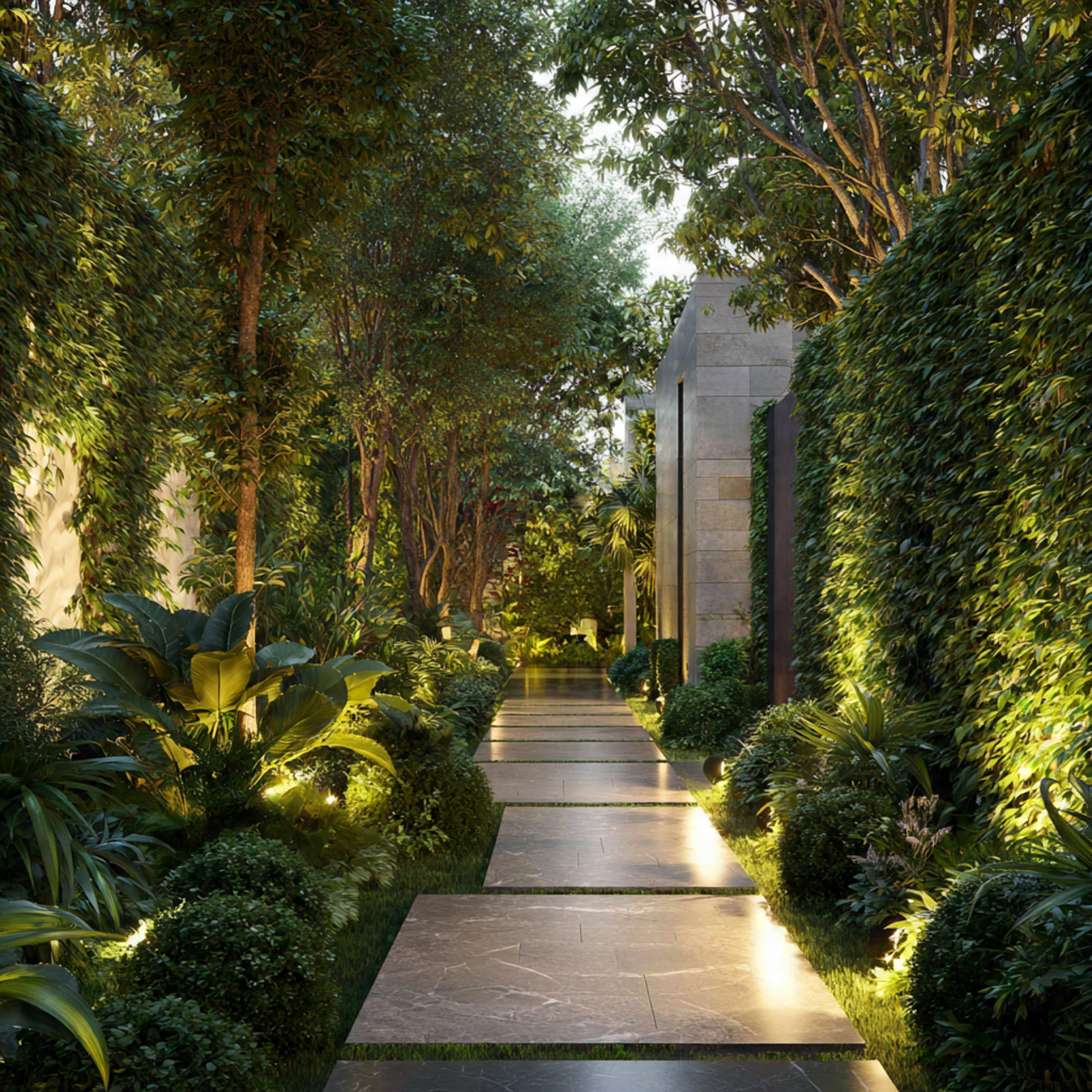 ultra realistic outdoor scene showing landscaping for privacy