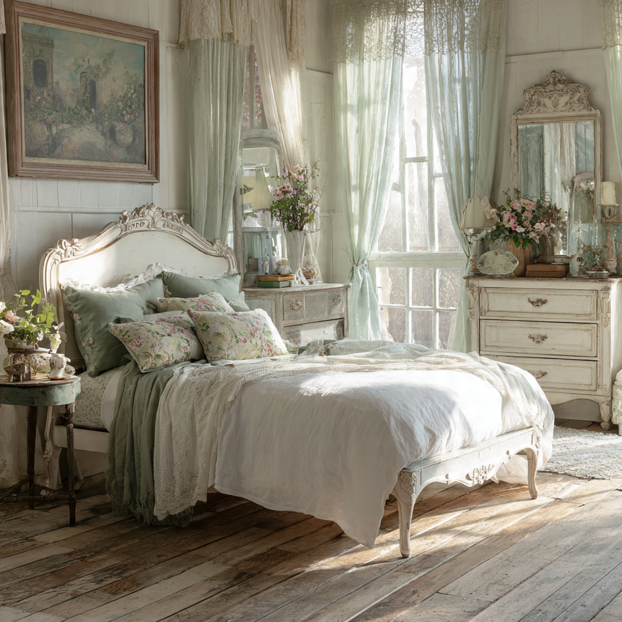 vintage inspired white bedroom featuring a french style carved