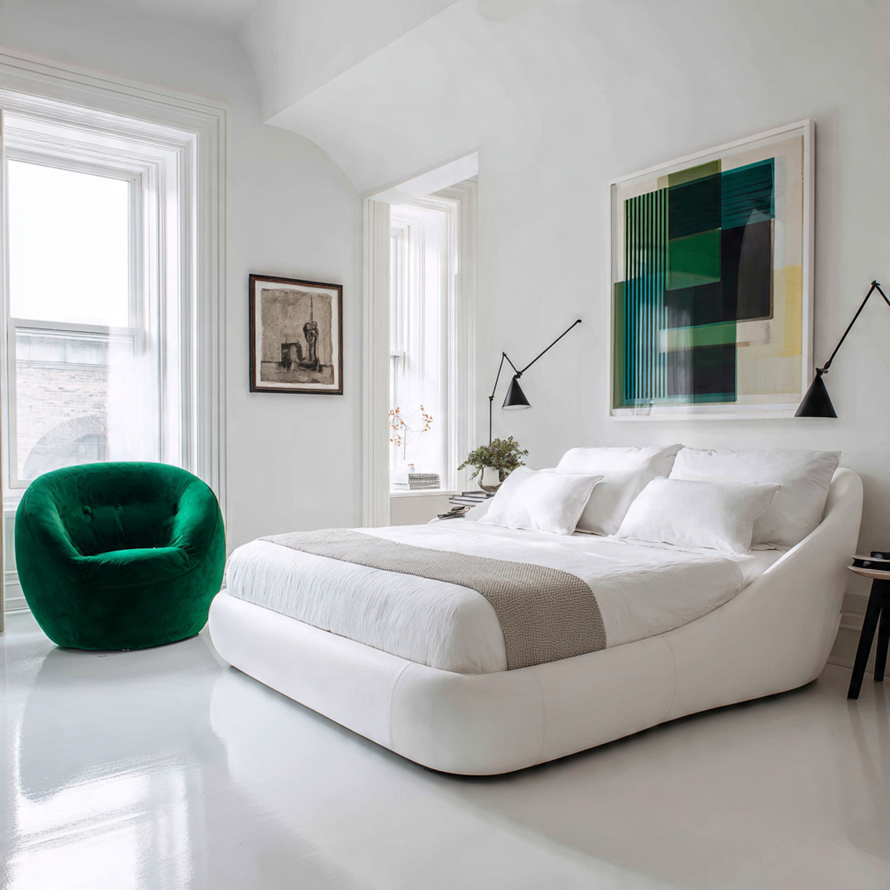white bedroom featuring a sleek curved modern