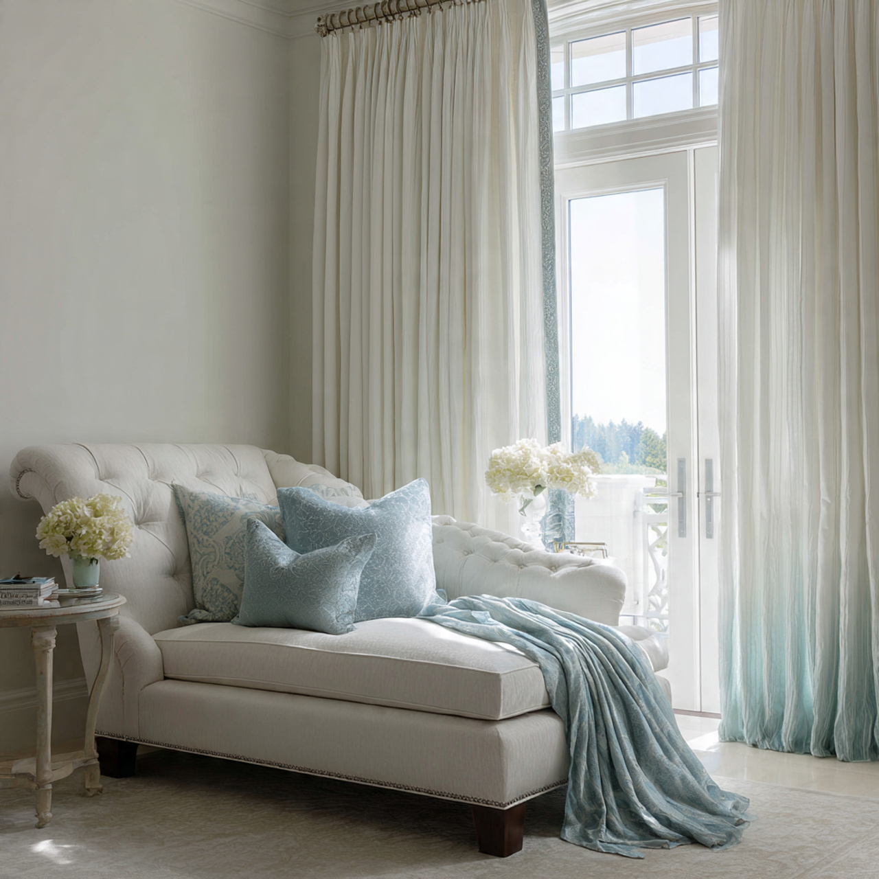 white bedroom showcasing soft drapery with a