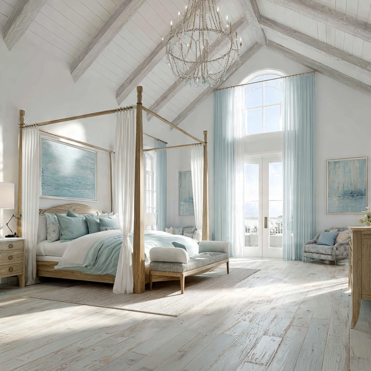 white bedroom with towering cathedral ceilings and 1
