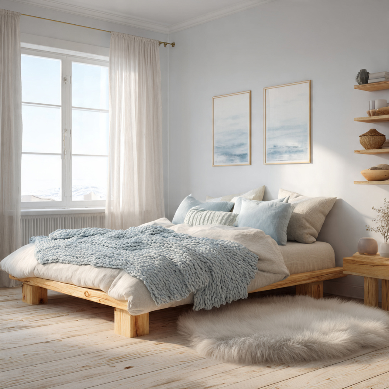 white scandinavian bedroom with a light birch