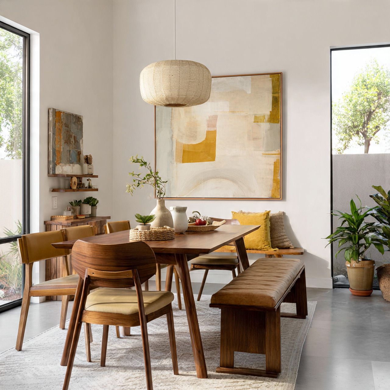 a dining room styled with neutral backdrops