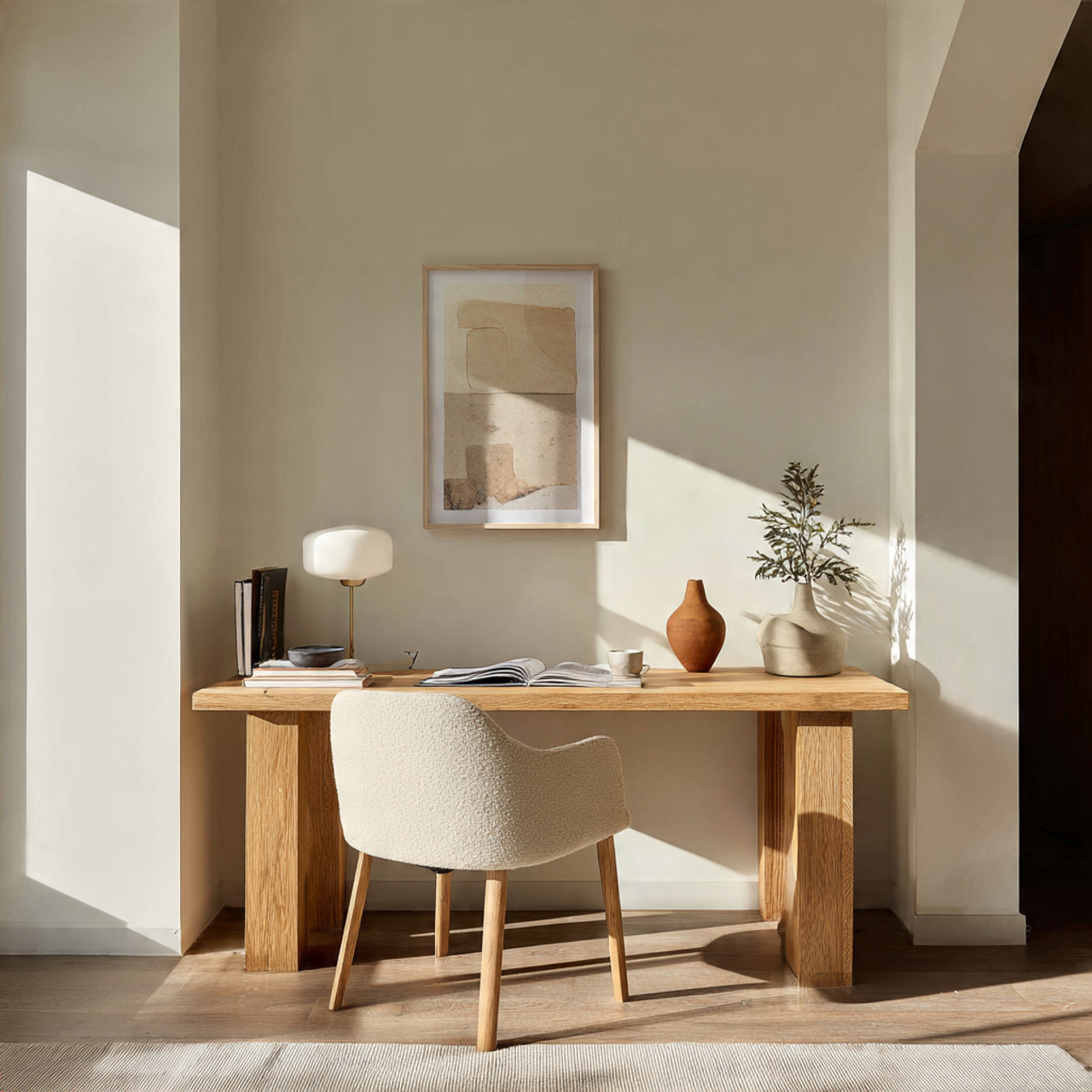 a minimal home office where intentional empty