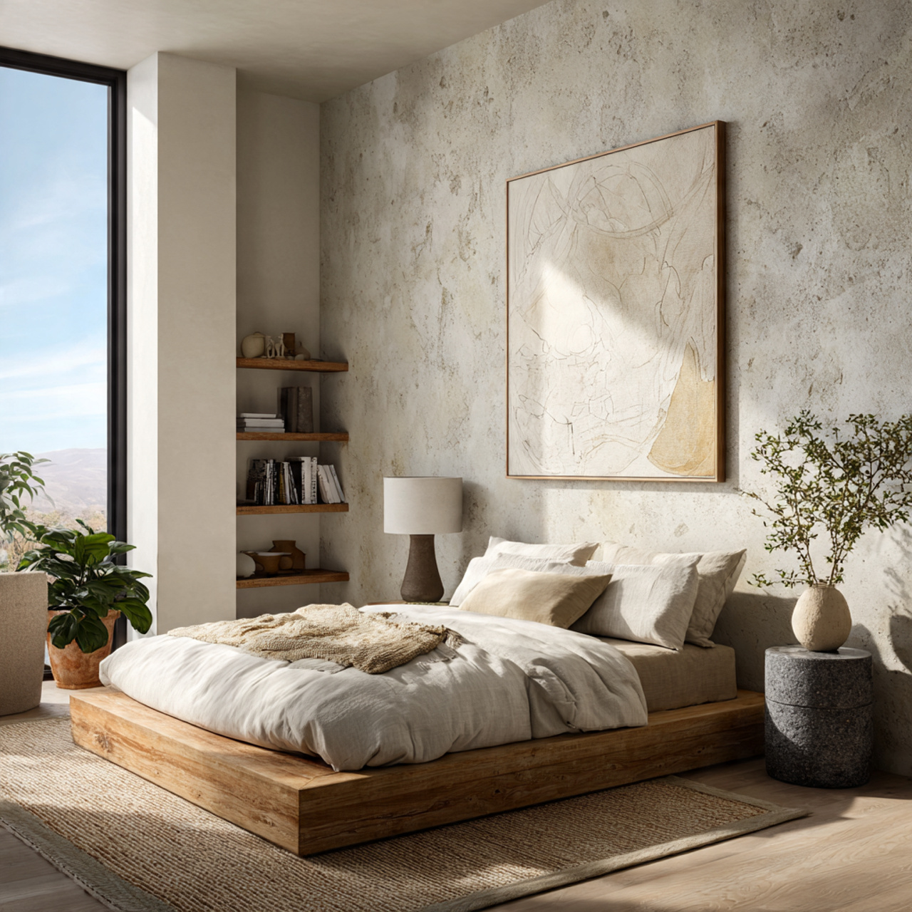 a primary bedroom highlighting materials that naturally